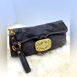 Tracy Reese New York,Gray Pebbled Leather Clutch wristlet Faux Jade Carved Clasp